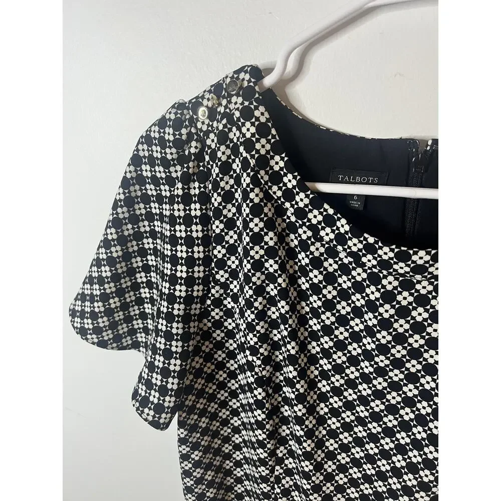 Talbots Dress Wm 6 Black White Geometric Print Short‎ Sleeve Fit & Flare Chic